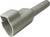 Szary złącze z tworzywa sztucznego z okrągłym zakończeniem i prostokątnym gniazdem. Stosowany do połączeń elektrycznych.