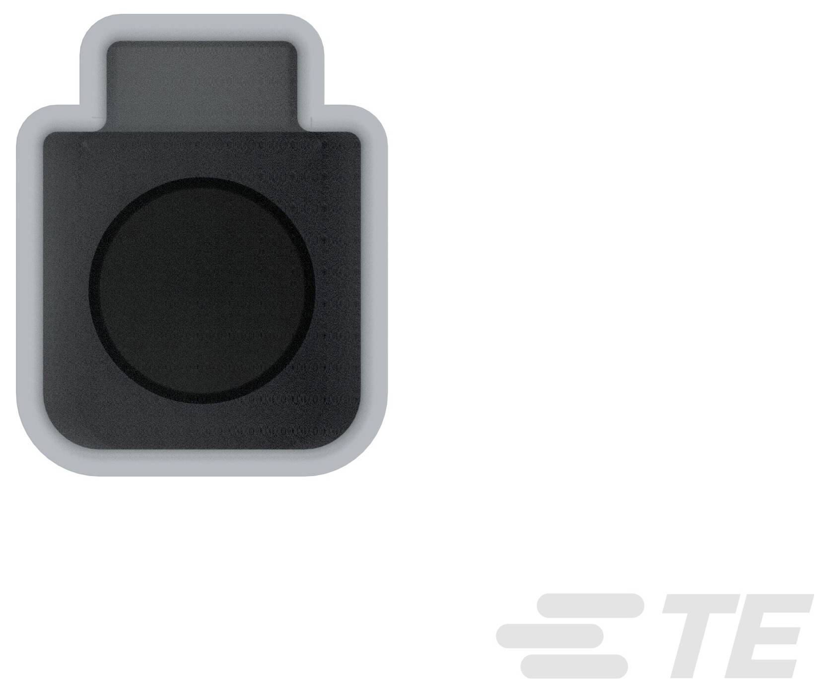 Urządzenie z kwadratową, szarą ramką i czarnym, okrągłym centrum, z logo TE w prawym dolnym rogu.