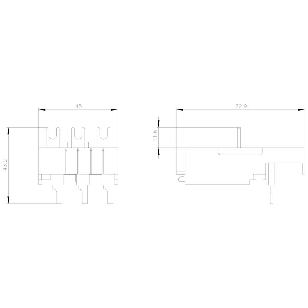 Rysunek techniczny elementu elektronicznego z wymiarami: szerokość 45 mm, wysokość 43,2 mm; długość 72,9 mm; wysokość 11,6 mm w widoku bocznym.
