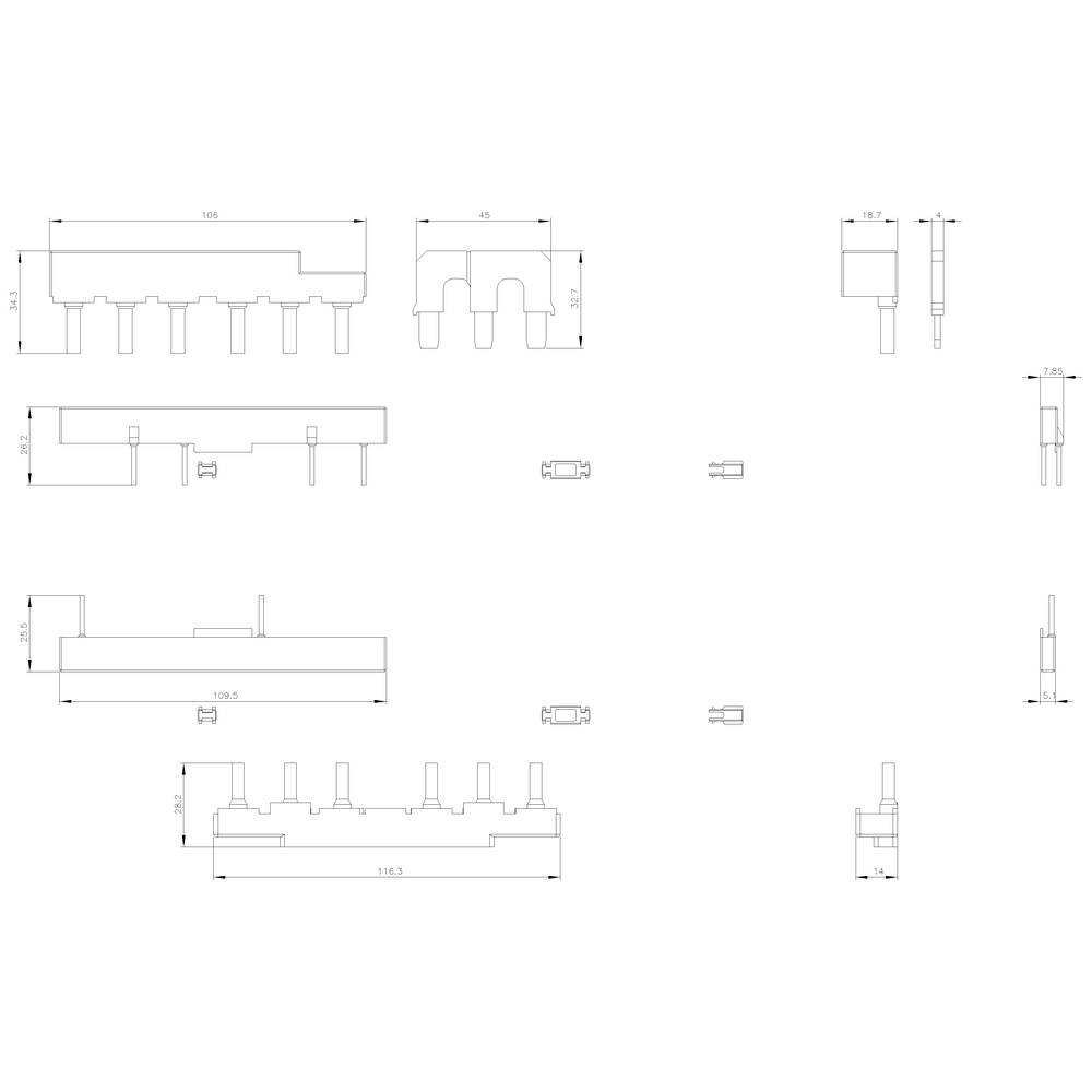 Rysunek techniczny elementu z wieloma rzutami. Podane są wymiary i skale. Widok główny przedstawia przednią stronę.