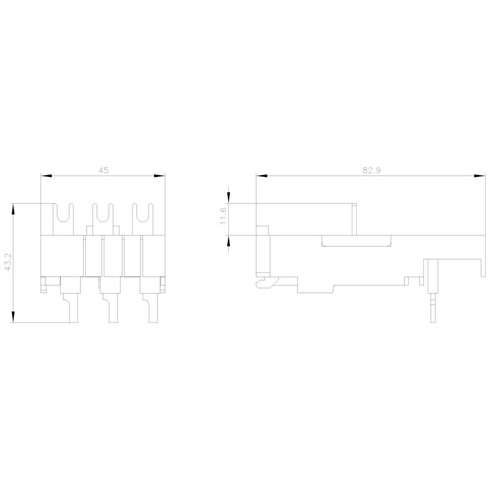 Rysunek techniczny elementu elektronicznego z wymiarami: szerokość 45 mm, głębokość 82,9 mm, wysokość 43,2 mm. Widok z boku i z przodu.