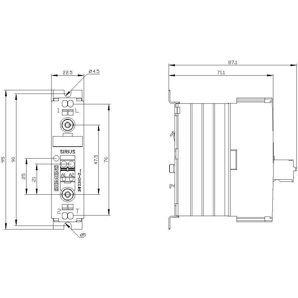 Rysunek techniczny elektrycznego przełącznika o wymiarach: szerokość 22,5 mm, wysokość 90 mm, głębokość 71 mm. Oznaczony etykietą 'SIRIUS'.