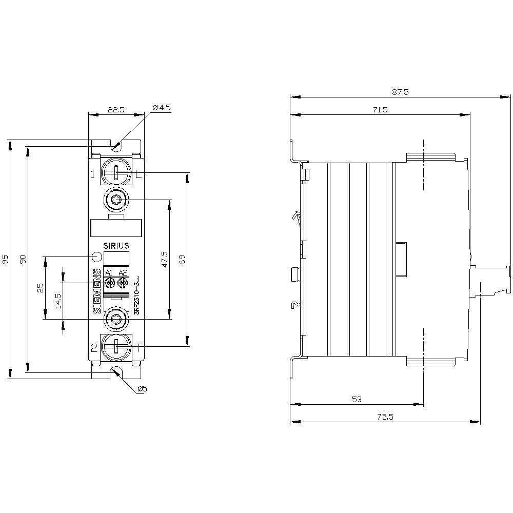 Rysunek techniczny urządzenia elektrycznego z wymiarami: 71,5x87,5 mm (widok z boku) oraz 22,5x75,5 mm (widok z przodu).