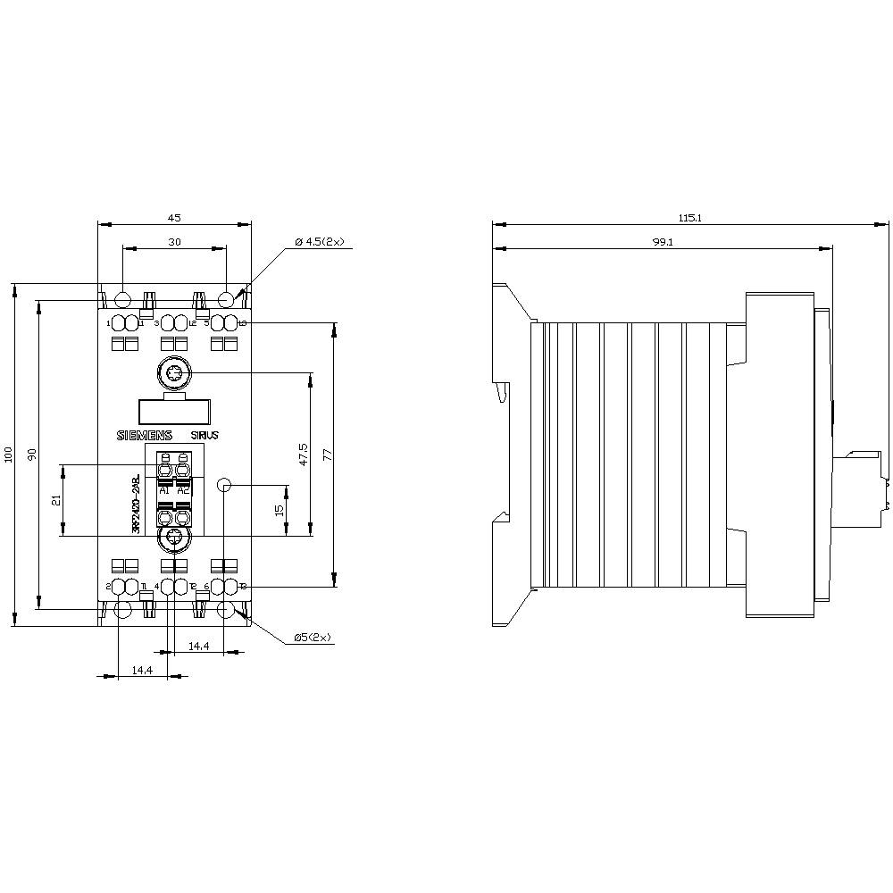 Rysunek techniczny elektrycznego przełącznika z wymiarami. Szczegóły przedstawiają złącza i możliwości montażowe. Po lewej widok z przodu, po prawej widok z boku.