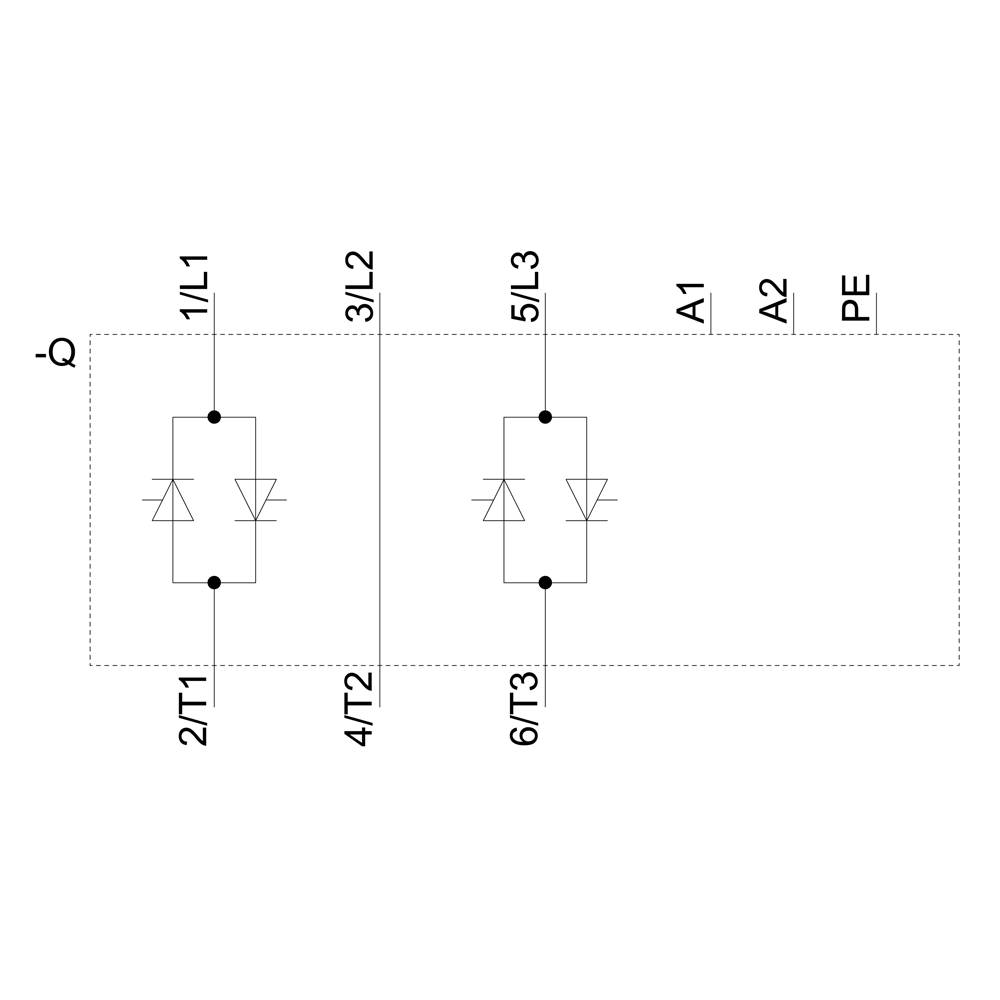 Schemat elektryczny elementu z zaciskami 1/L1, 3/L2, 5/L3, 2/T1, 4/T2, 6/T3, A1, A2 i PE, przedstawiający połączenia diod.
