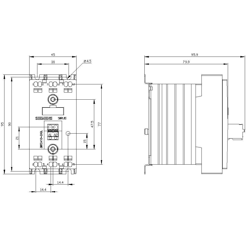 Rysunek techniczny urządzenia elektrycznego ze szczegółowymi wymiarami w milimetrach. Przedstawiono widok z przodu i z boku.