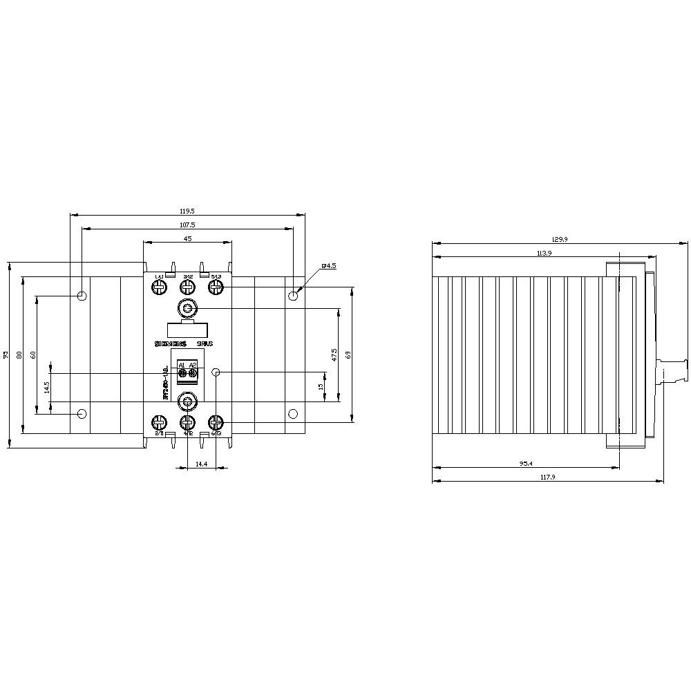 Rysunek techniczny silnika elektrycznego z wymiarami, zaciskami i połączeniami kablowymi, przedstawiający widok z góry i z boku.