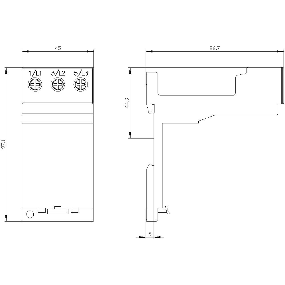 Rysunek techniczny komponentu elektrycznego z wymiarami. Po lewej widok z przodu, po prawej widok z boku. Wymiary 97x44,9x86,7 mm.
