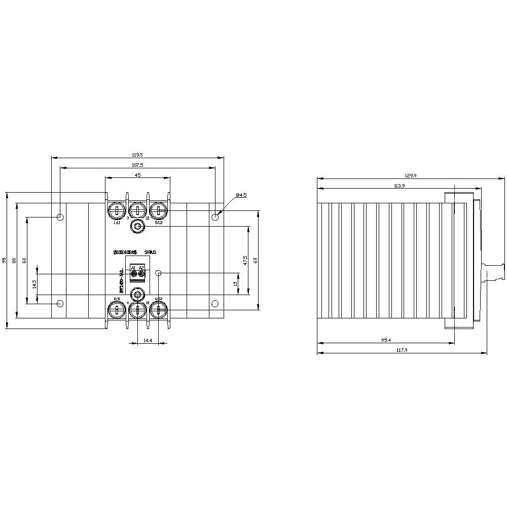 Rysunek techniczny prostokątnego urządzenia z wymiarami i szczegółami przyłączy. Widok z boku przedstawia strukturę żebrowaną obudowy.