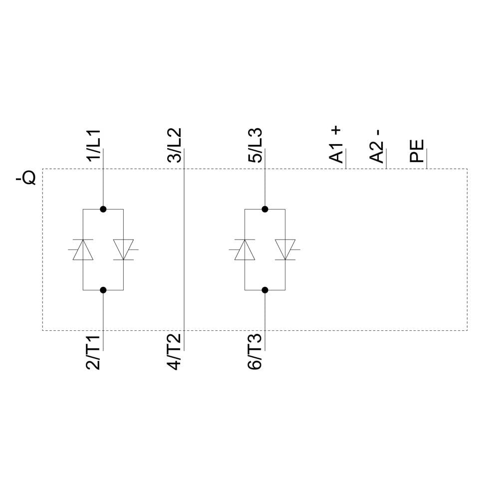 Schemat elektryczny z dwoma równoległymi obwodami, z których każdy składa się z dwóch diod. Zaciski: 1/L1, 2/T1, 3/L2, 4/T2, 5/L3, 6/T3, A1+, A2-, PE.