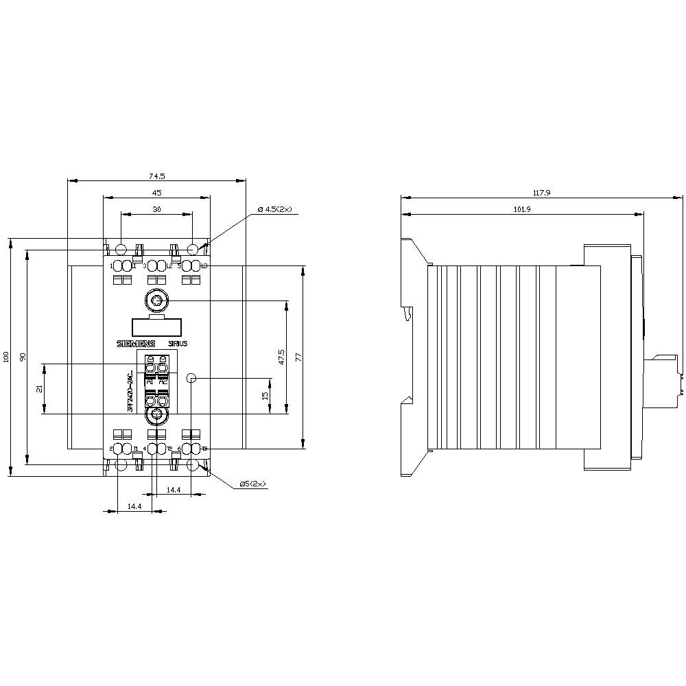 Rysunek wymiarowy modułu elektrycznego przekaźnika w widoku z przodu i z boku, z dokładnymi wymiarami i danymi technicznymi.
