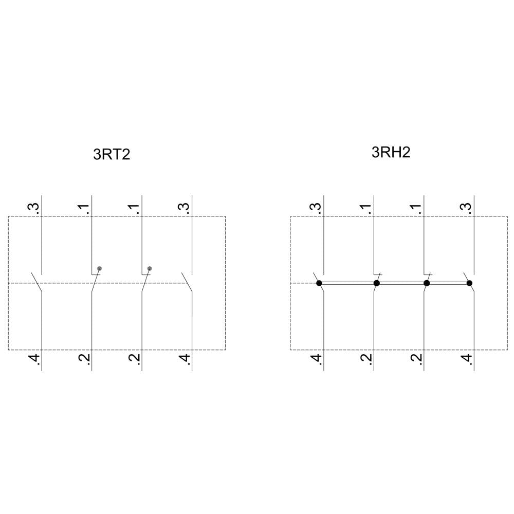 Schemat połączeń z dwiema kolumnami: '3RT2' po lewej stronie przedstawia cztery poziome linie z numerami 1-4; '3RH2' po prawej stronie ma podobne linie.