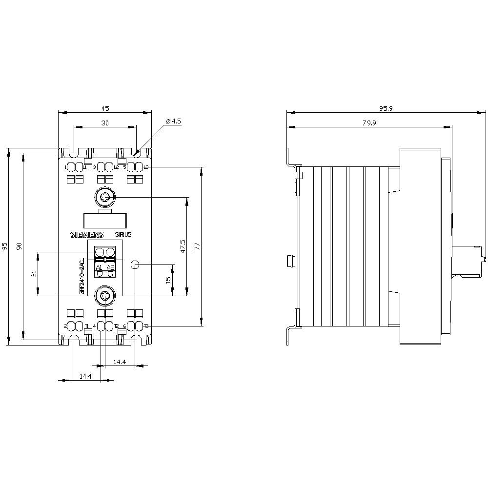 Rysunek techniczny urządzenia elektrycznego ze szczegółowymi wymiarami w milimetrach. Widok z przodu i z boku.