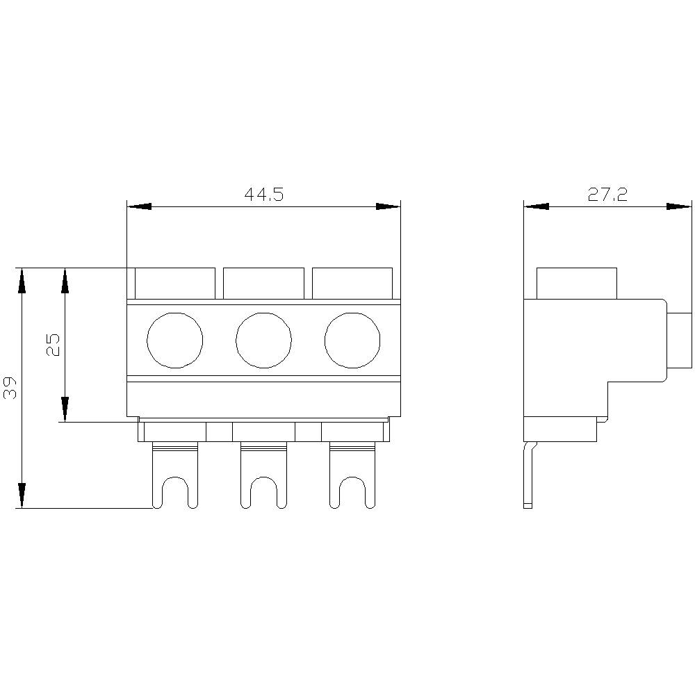 Rysunek techniczny złącza elektrycznego z wymiarami: 44,5 mm szerokości, 39 mm wysokości, 25 mm i 27,2 mm głębokości. Złącze trzybiegunowe.