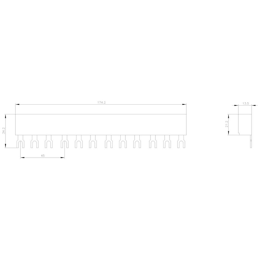 Rysunek techniczny elementu o wymiarach: 174,2 x 13,5 x 45 mm. Przedstawia widok z boku i widok z przodu z dokładnie oznaczonymi krawędziami i punktami mocowania.
