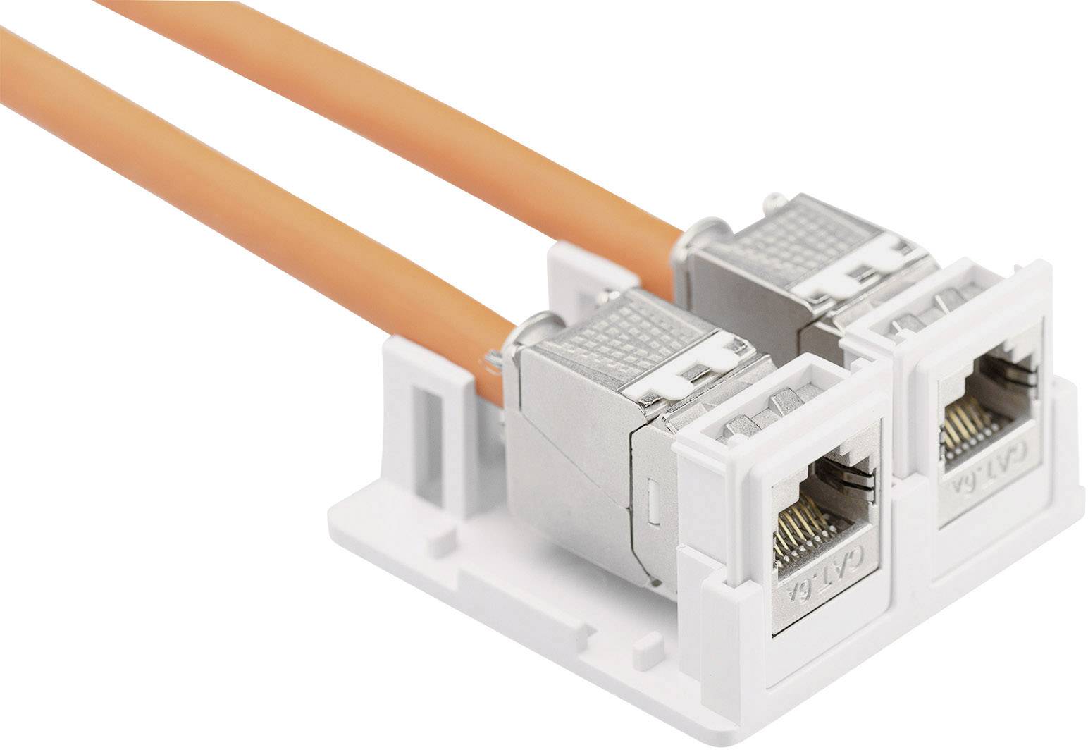 Dwa pomarańczowe kable Ethernet podłączone do podwójnego modułu naściennego RJ45, zapewniającego połączenia sieciowe.