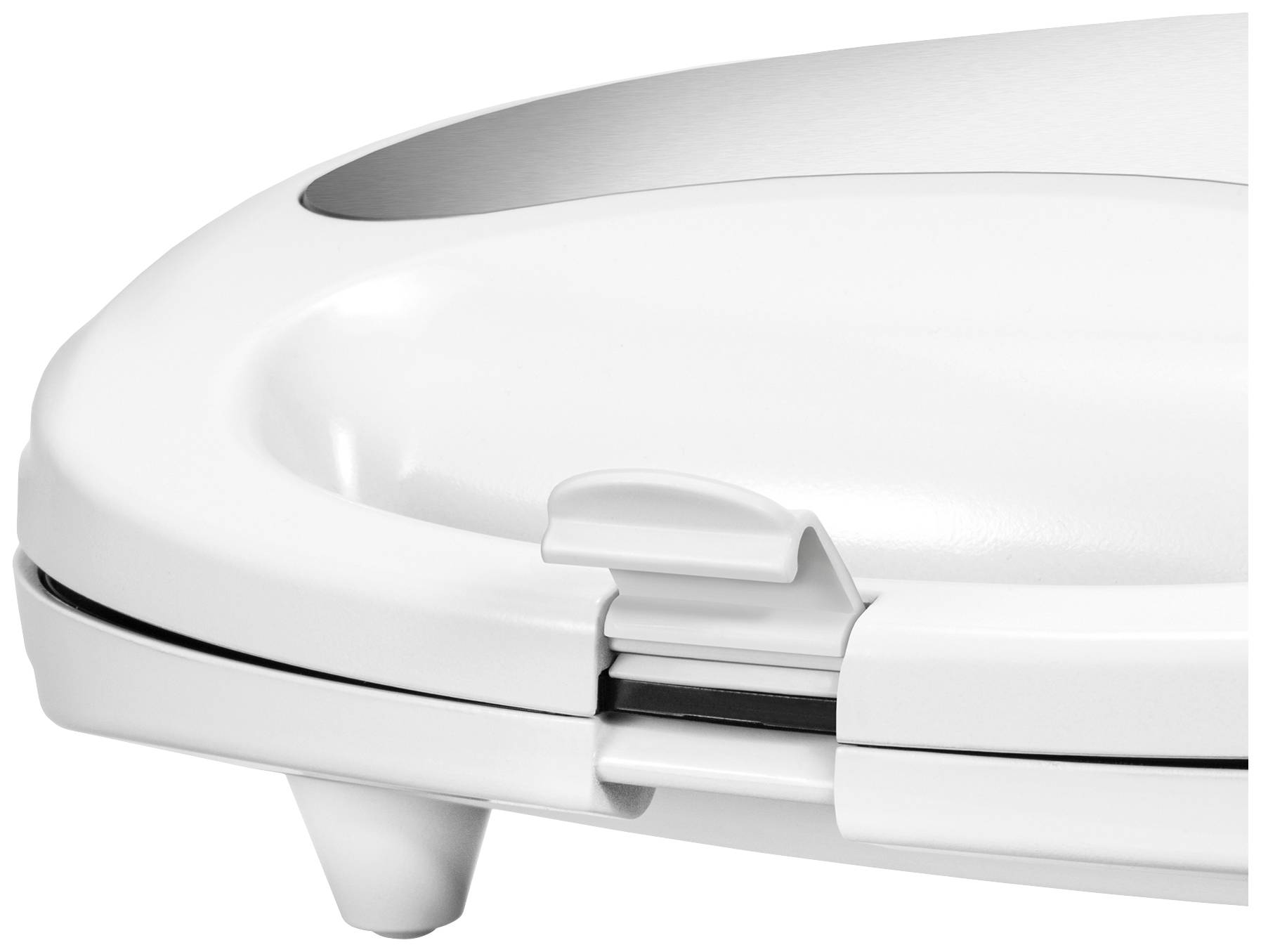 Białe zamknięte urządzenie kuchenne z mechanizmem blokady z boku, stojące na trzech krótkich nogach.