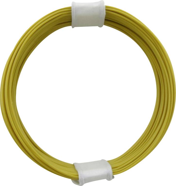 Żółty kabel zwinięty w kształcie koła, zabezpieczony dwoma białymi klipsami.