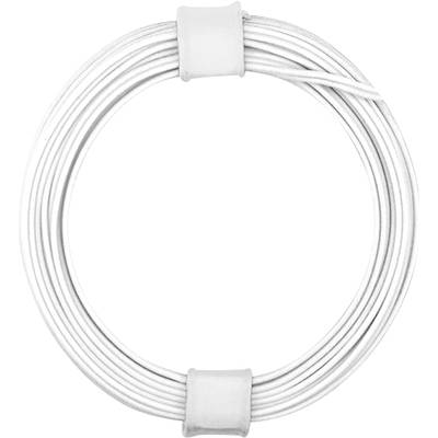 Biały, zwinięty kabel, ułożony w kształcie koła, zabezpieczony dwoma opaskami kablowymi.