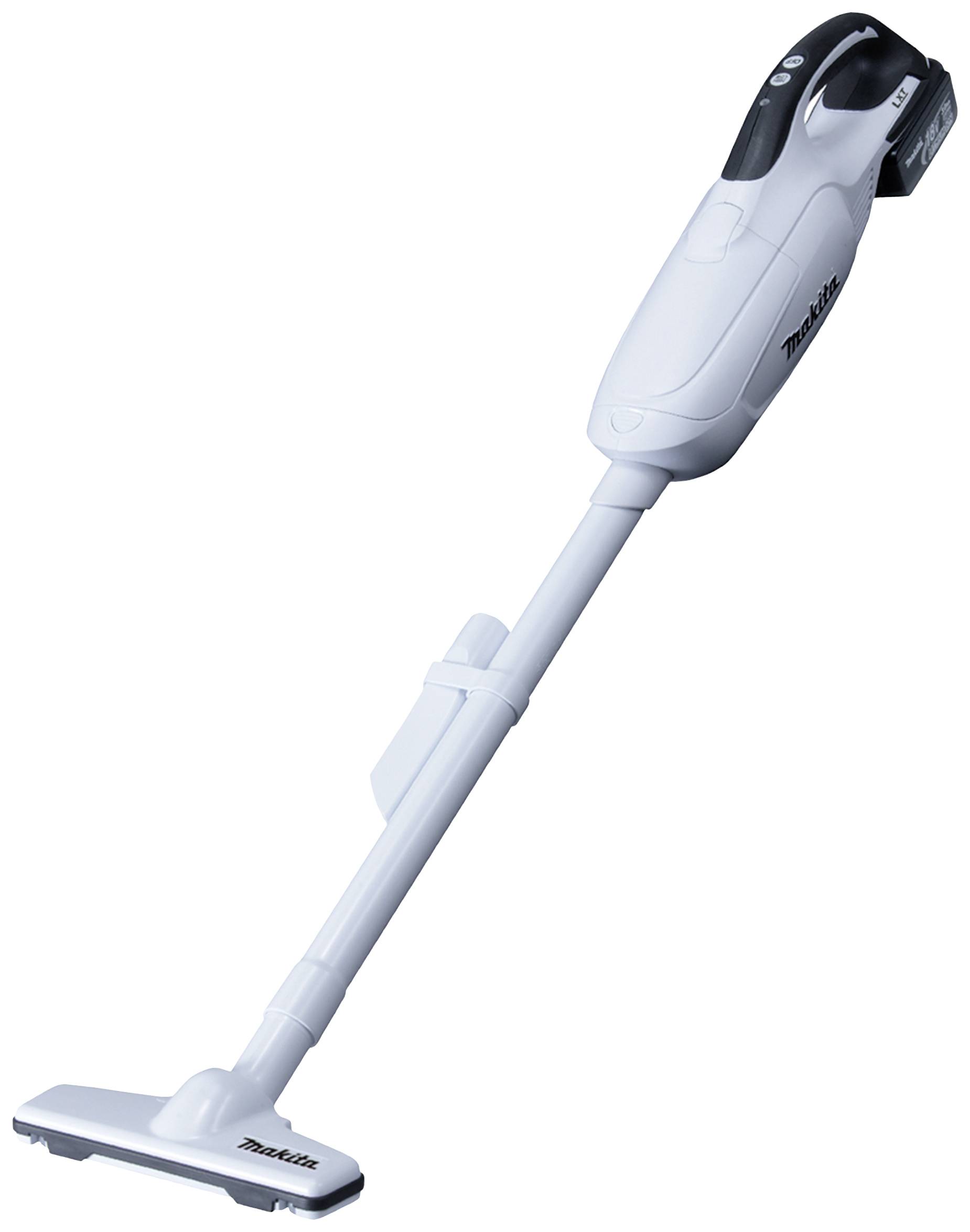 Biały, bezprzewodowy odkurzacz ręczny stoi pod skosem na podłodze.