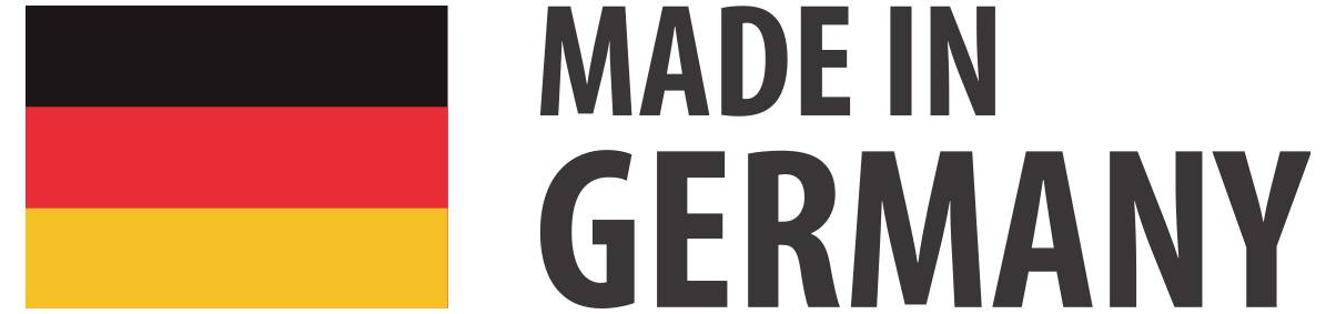 Napis „MADE IN GERMANY" obok niemieckiej flagi w kolorach czarnym, czerwonym i złotym.