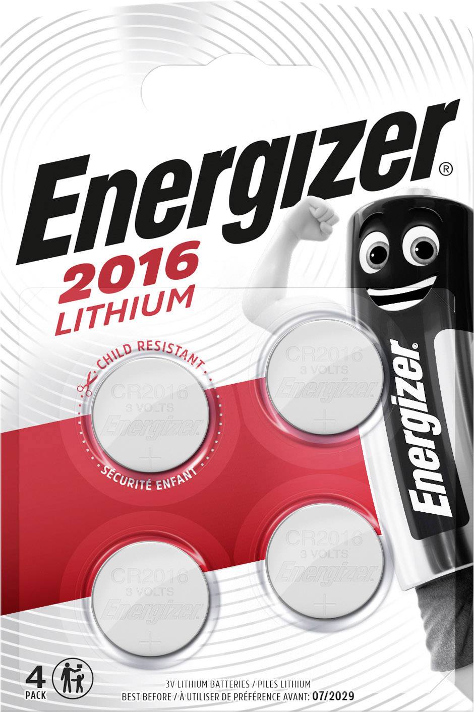 'Baterie litowe Energizer 2016, opakowanie 4 szt., zabezpieczone przed dziećmi. Najlepiej zużyć przed 07/2029.'