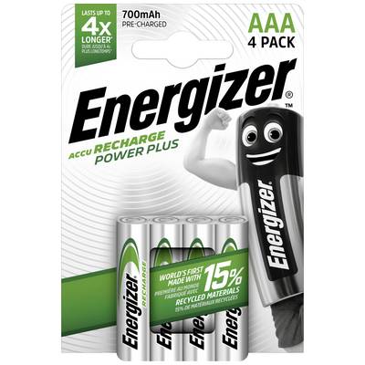 Opakowanie 4 baterii AAA Energizer 'Accu Recharge Power Plus' o pojemności 700mAh, reklamowane jako zawierające 15% materiałów z recyklingu.