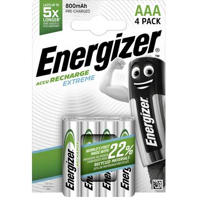 Czteropakowo baterii AAA marki Energizer wykonanych w 22% z materiałów recyklingowych. Na opakowaniu widnieje maskotka baterii w stylu kreskówkowym.
