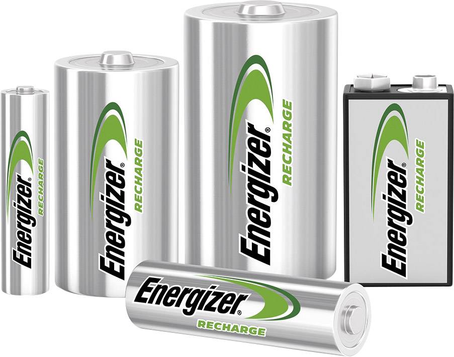 Różne rodzaje baterii Energizer, w tym AA, AAA i 9-woltowe, wszystkie z nadrukiem 'Energizer Recharge'.