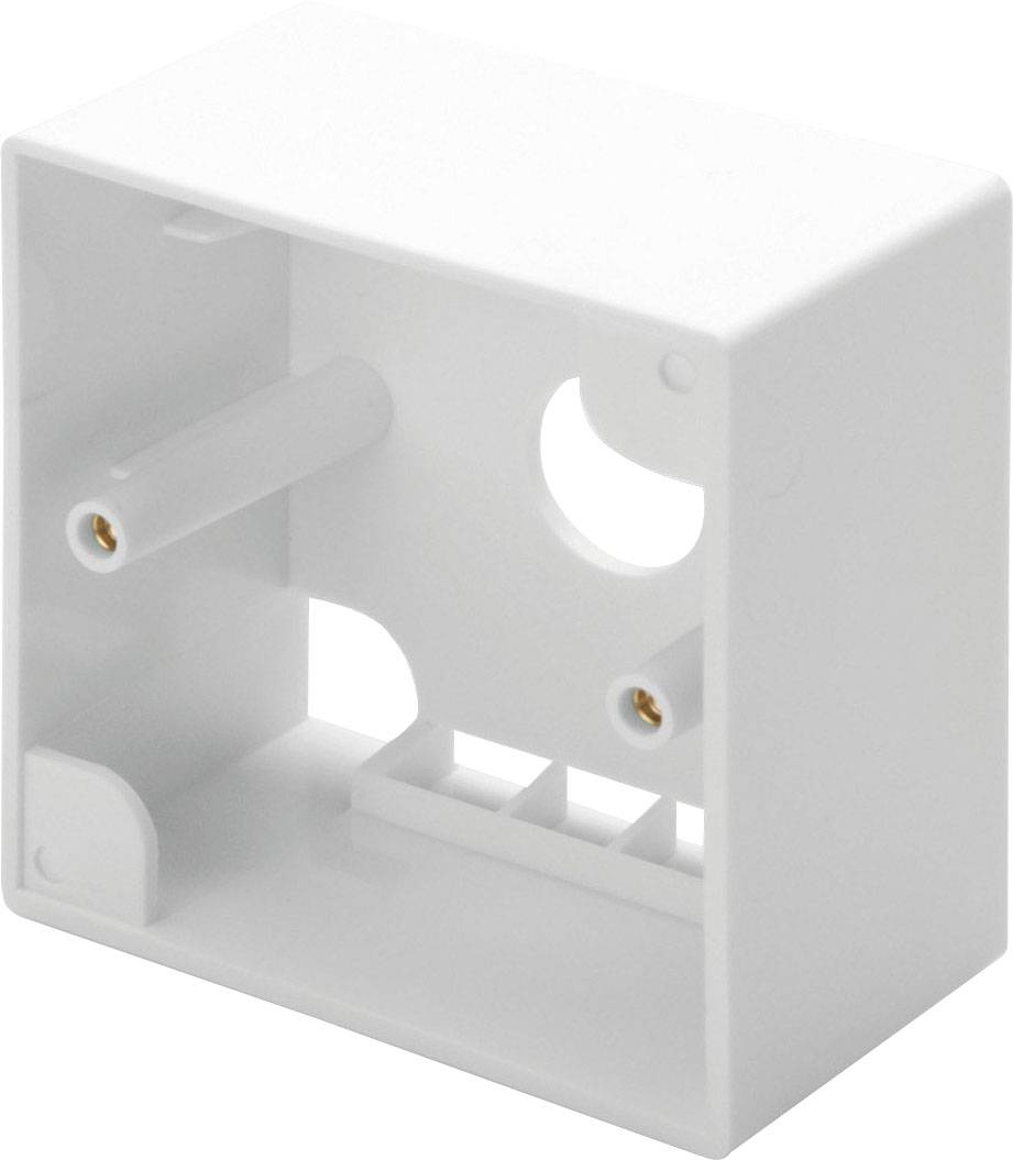 Biała, pusta plastikowa skrzynka z wieloma otworami i punktami mocowania, prawdopodobnie przeznaczona do instalacji elektrycznych.