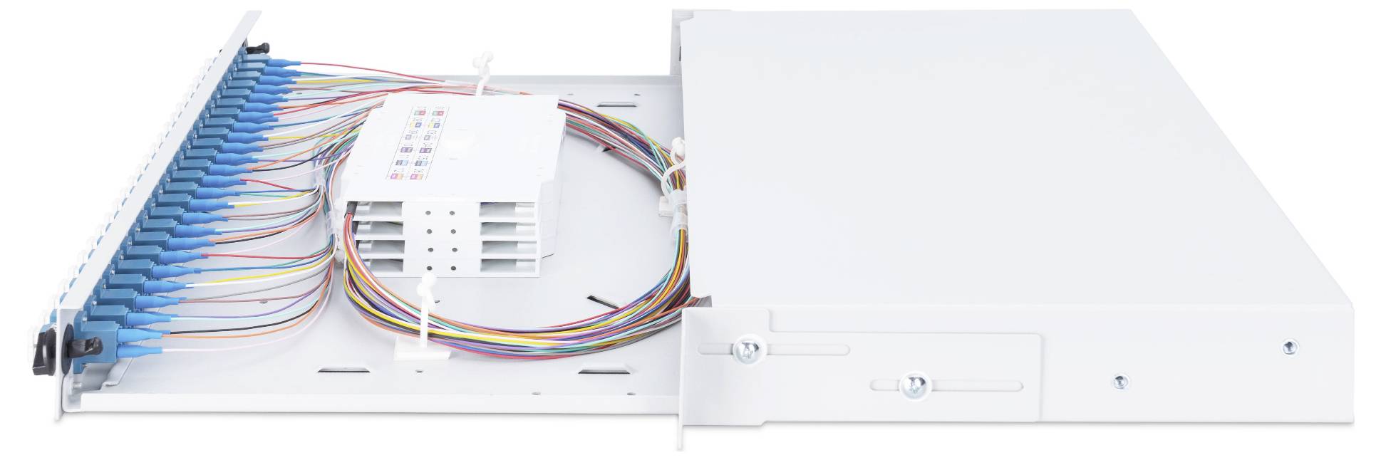 Panel z włókien szklanych z wieloma kolorowymi kablami i złączami, zamontowany w białej obudowie.