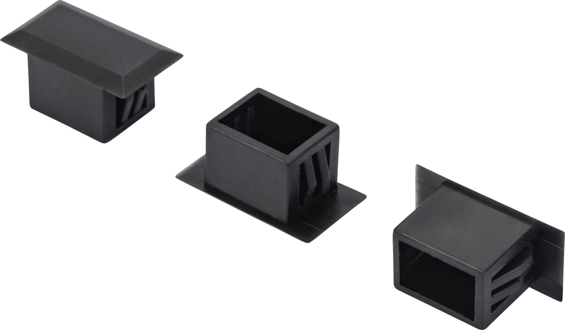 Trzy czarne, prostokątne osłony z tworzywa sztucznego, które prezentują lekko różniące się kąty.