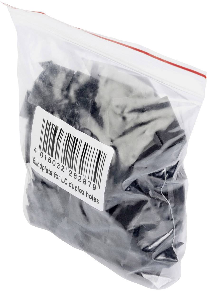 Plastikowa torebka z wieloma zaślepkami do zakrywania otworów LC Duplex, w przezroczystym opakowaniu z kodem kreskowym.