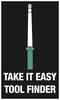 Zielony i biały uchwyt narzędziowy na czarnym tle. Poniżej widnieje napis 'TAKE IT EASY TOOL FINDER' białymi literami.