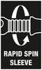 'RAPID SPIN SLEEVE' wielkimi literami. Grafika przedstawia ruch obrotowy części mechanicznej ze strzałką wskazującą kierunek obrotu.