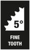 Diagram piły zębatej z napisem '5° Drobny ząb'. Przedstawia delikatną strukturę zębów o kącie nachylenia 5 stopni.