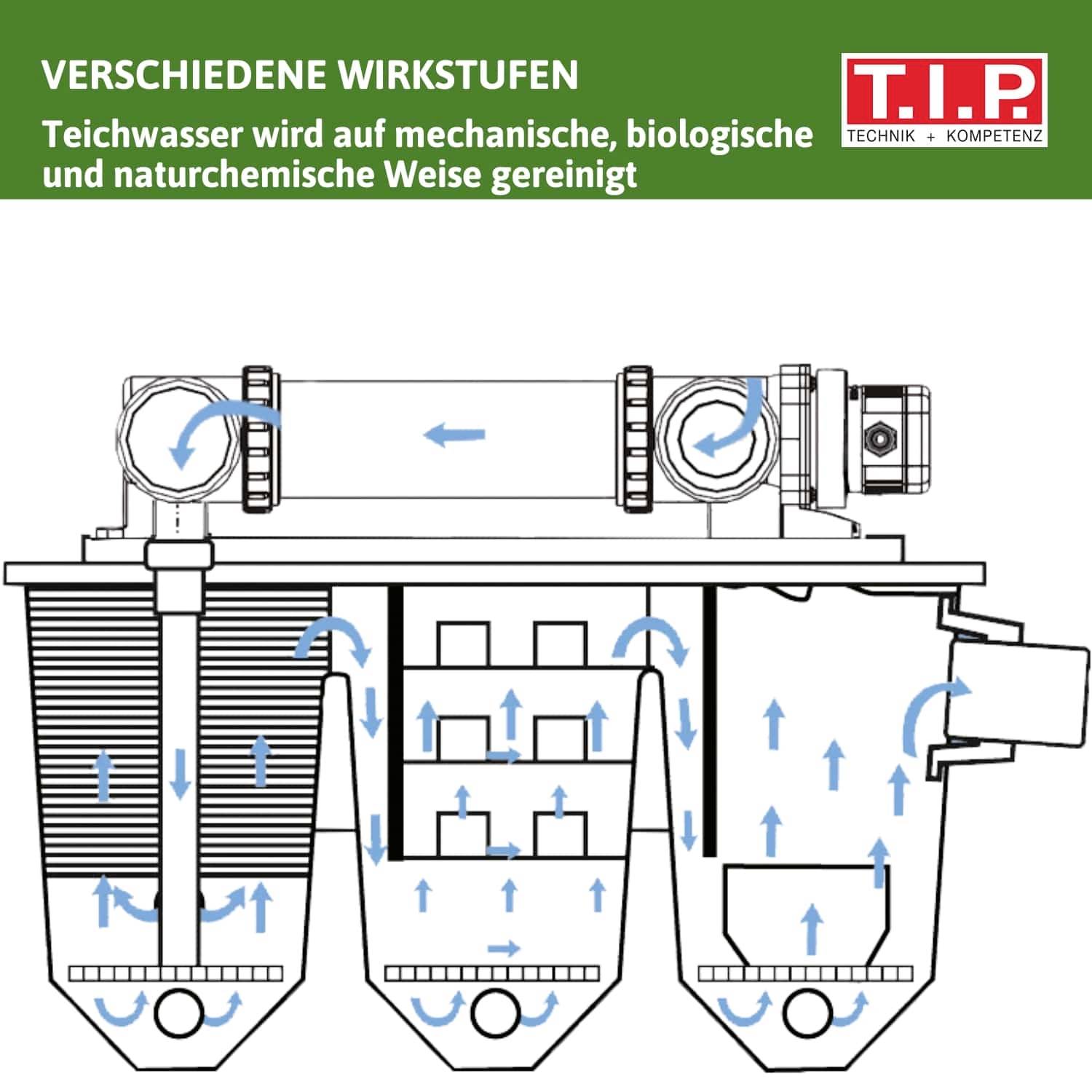 Różne poziomy działania: woda w stawie jest oczyszczana metodami mechanicznymi, biologicznymi i naturalnie chemicznymi. Diagram ze strzałkami przedstawia proces filtracji.
