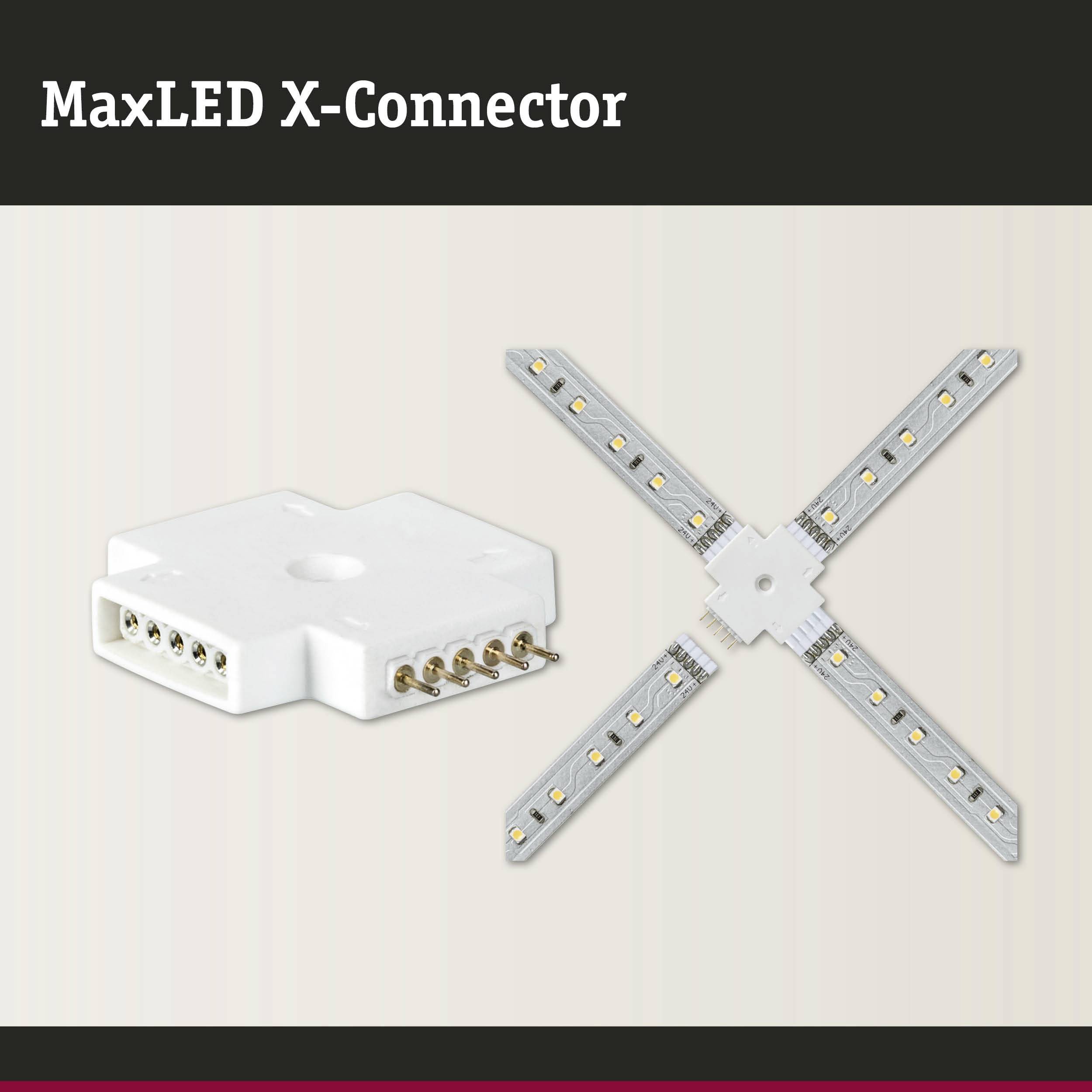 Złączka MaxLED X-Connector: Krzyżowy złącznik LED z czterema listwami, na których równomiernie rozmieszczone są żółte diody świecące.