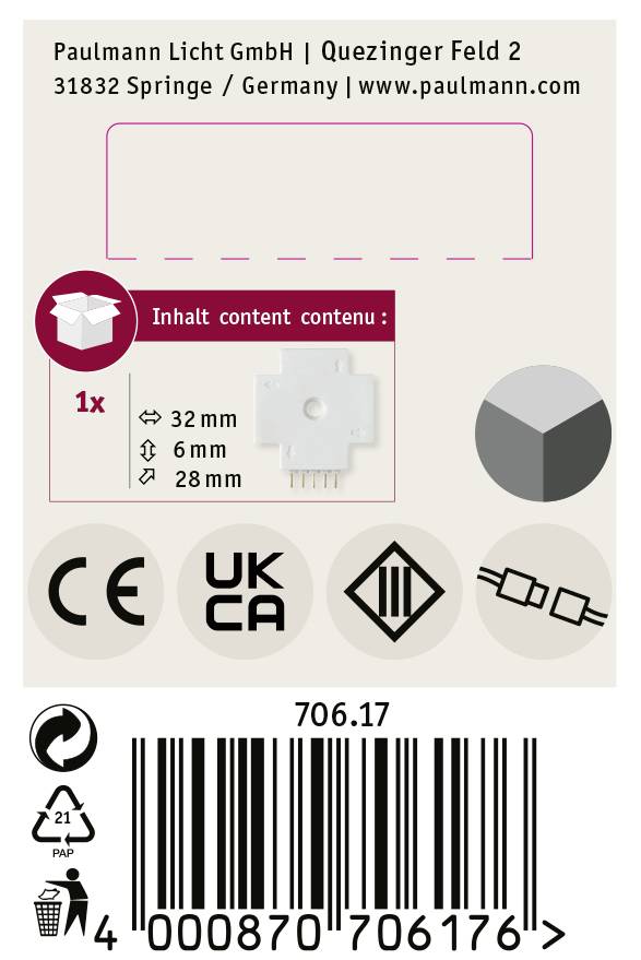 'Etykieta produktowa dla Paulmann Licht. Zawiera wymiary: 32 mm, 6 mm, 28 mm. Symbole: CE, UKCA. Adres: Quezinger Feld 2, 31832 Springe, Niemcy.'