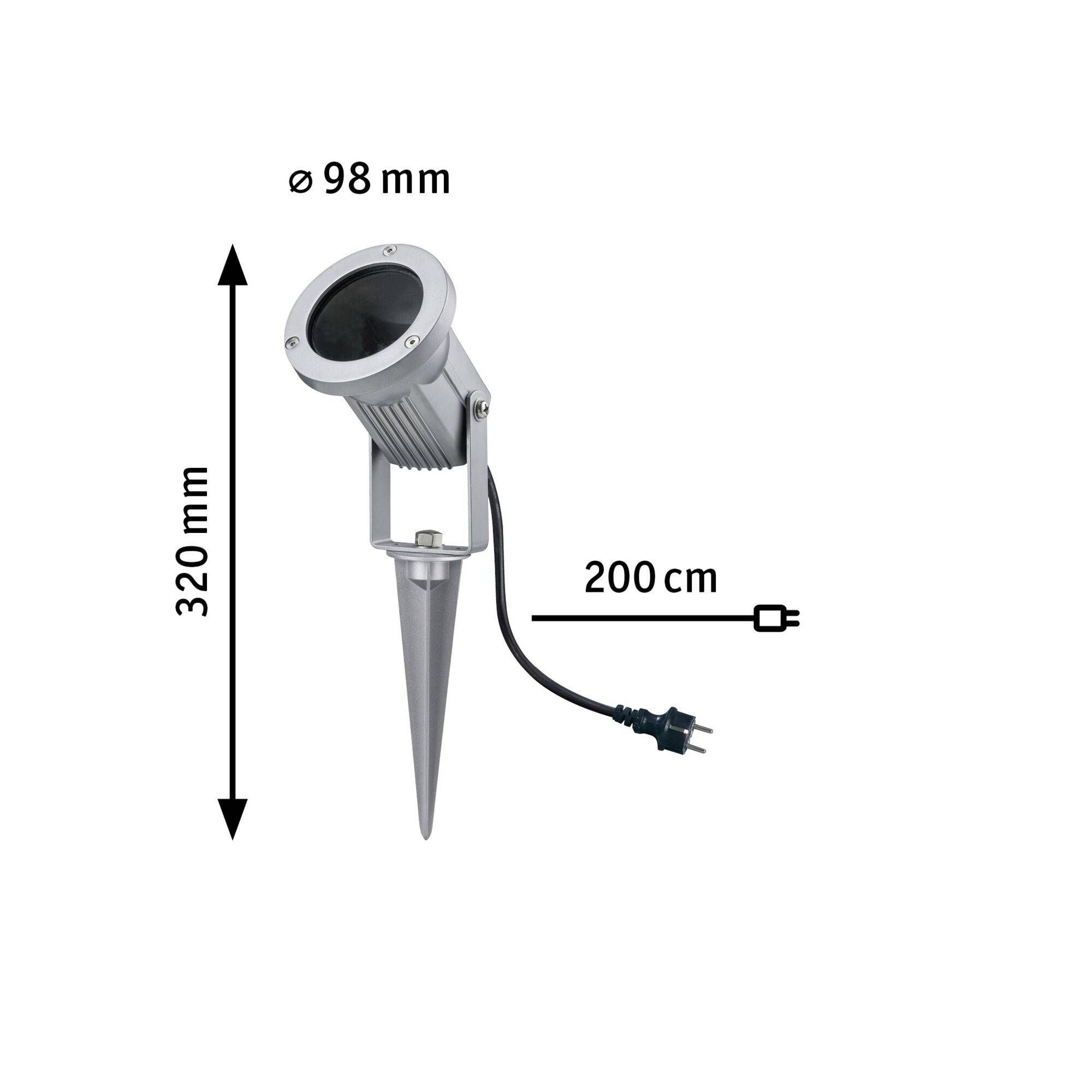 Srebrny reflektor LED do ogrodu, wysokość 320 mm, średnica 98 mm, z wbijanym szpikiem gruntowym i przewodem przyłączeniowym o długości 200 cm. Idealny do oświetlenia przestrzeni zewnętrznych.