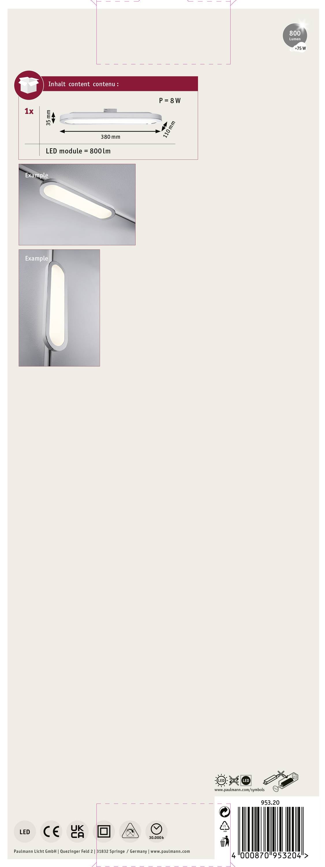 Opakowanie przedstawia lampę LED, model P-330, o mocy 5,5 W i jasności 500 lm. Zdjęcia lampy z różnych perspektyw.