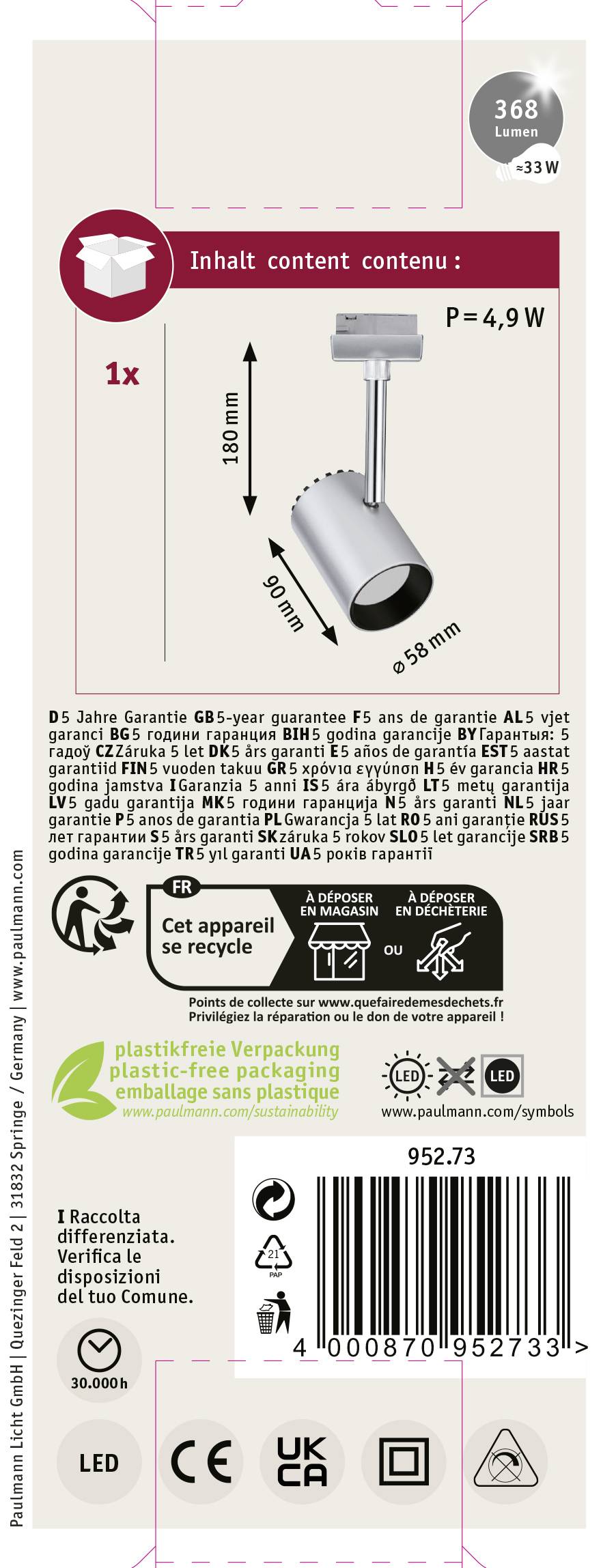 Lampa wisząca z 3-letnią gwarancją. Moc: 4,9W, długość 190 mm. Oznaczenie ekologiczne dla recyklingu i opakowania wolnego od plastiku.