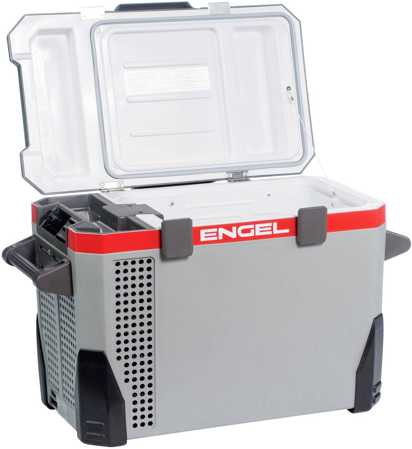 Szara przenośna lodówka turystyczna z otwartą pokrywą, z nazwą marki 'ENGEL' na wierzchu. Idealna do aktywności na świeżym powietrzu.