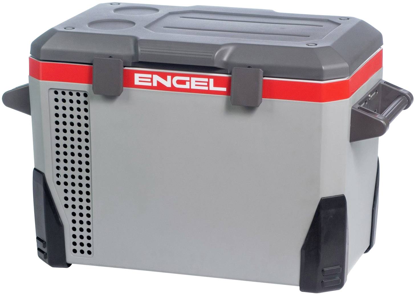 Przenośna szara lodówka turystyczna z czarną pokrywą i uchwytami bocznymi. Na górze napis 'Engel' na czerwonym pasku.
