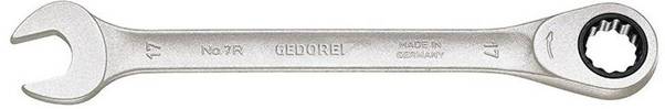 Metalowy klucz kombinowany z otwartym końcem z jednej strony i pierścieniowym końcem zapadkowym z drugiej strony, oznaczony Gedore Nr 7R, rozmiar 17 mm.