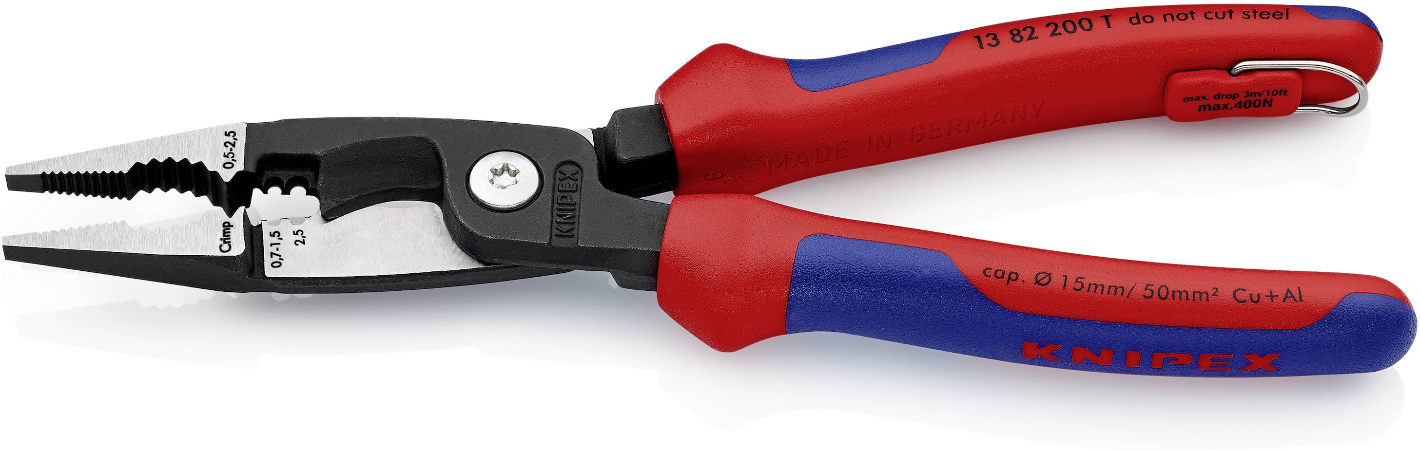 Szczypce z czerwoną i niebieską rękojeścią. Szczypce posiadają różne strefy cięcia i chwytania, odpowiednie do kabli i przewodów.