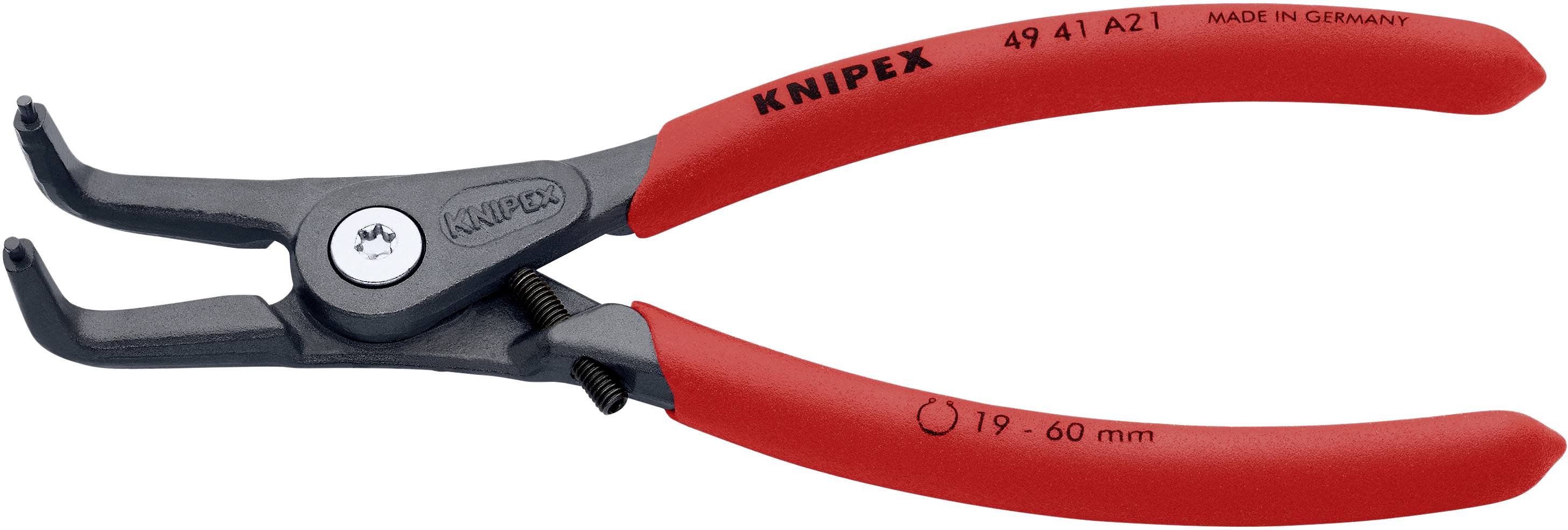 Szczypce Knipex do pierścieni osadczych, przeznaczone do rozmiaru 19-60 mm, w kolorze czerwonym z czarną końcówką i bocznym przegubem, wyprodukowane w Niemczech.