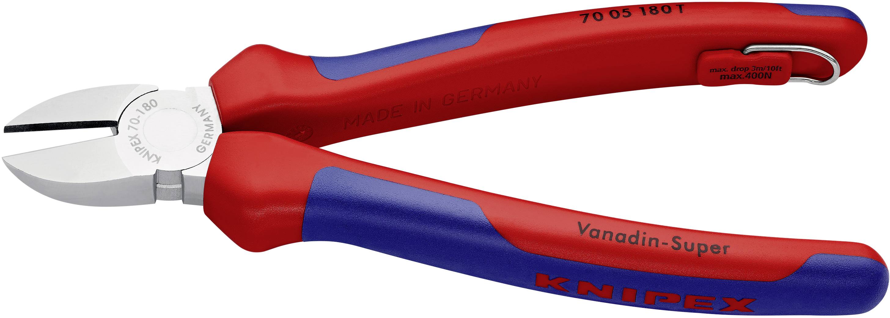 Obcinaczki boczne z czerwonymi i niebieskimi rękojeściami, odpowiednie do cięcia przewodów, z numerem modelu na rękojeści, marka Knipex.