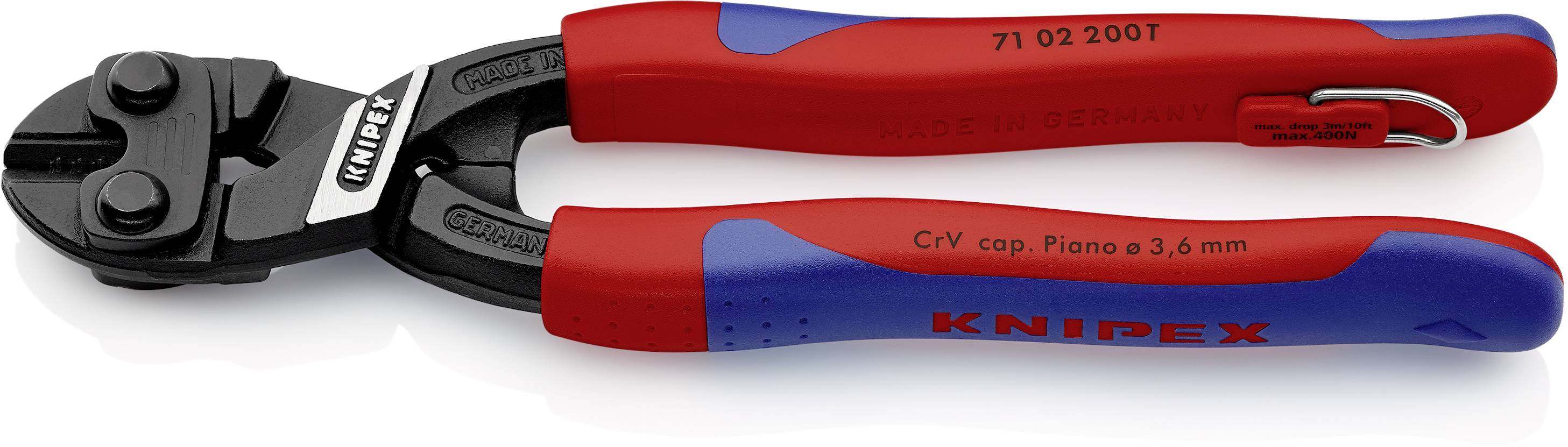 Szczypce tnące Knipex, model '71 02 200T', z czerwonymi i niebieskimi uchwytami, z informacją o zdolności cięcia 3,6 mm.