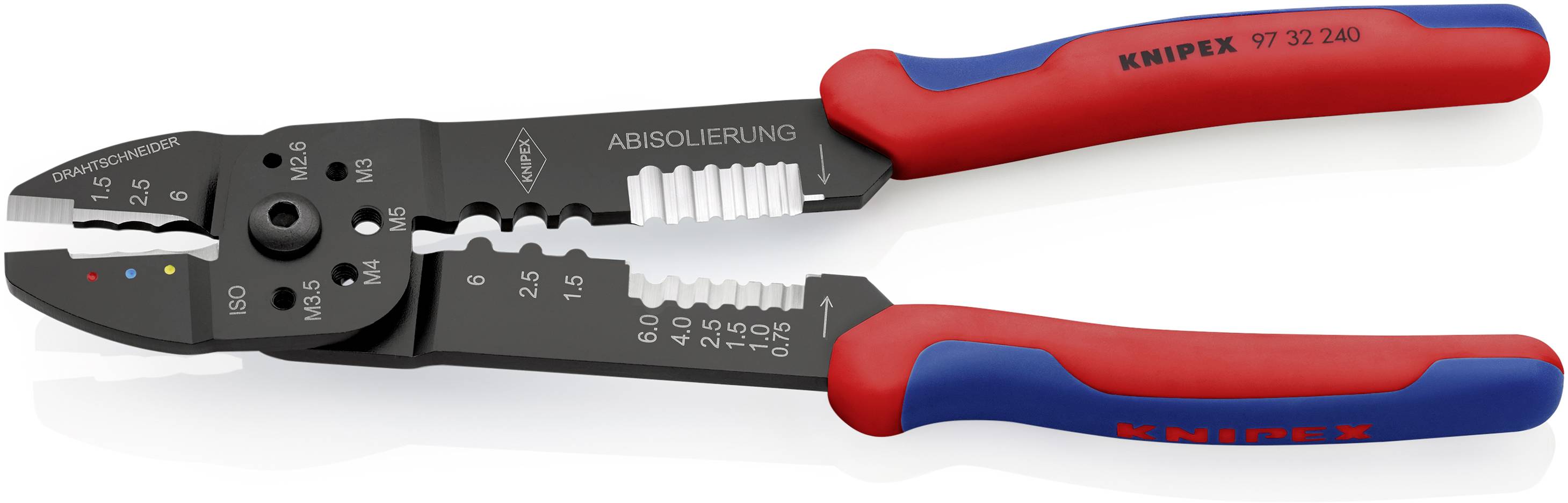 Czerwone i niebieskie szczypce do ściągania izolacji marki Knipex, model 97 52 240, przeznaczone do cięcia i usuwania izolacji z przewodów.